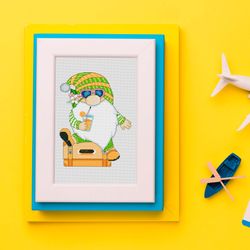 Time to go on vacation, Gnome cross stitch, Cross stitch pattern, Modern cross stitch, Summer cross stitch
