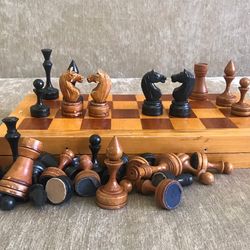 Soviet old wooden chess set 1960s black brown chessmen