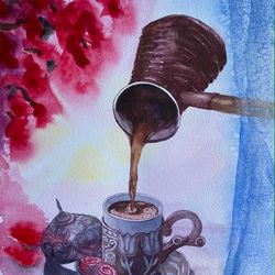 Turkish Coffee Original Painting Still Life Watercolor 17"x12" Arabic Coffee Cup Cultural Tradition Floral ItalianCoffee