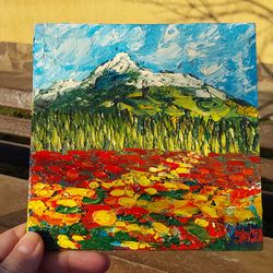 Mountain Landscape Poppies Small Painting Summer Landscape Impasto Oil Painting National Park Original Artwork 6x6