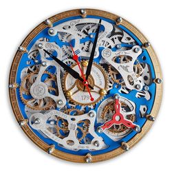 Automaton Tourbillon Moving Gears Blue and Chrome Wall Clock, Steampunk Design, Home and Office Decor, Personalized Gift