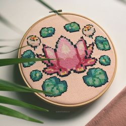 Pink Lotus Flower Cross Stitch Pattern PDF, Floral Wreath Counted Cross Stitch, Flower Embroidery Chart Instant Download