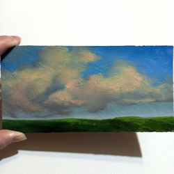 Landscape oil painting impasto Clouds over the field Dawnon cardboard 4x8 inches Wall art Painting