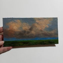 Landscape painting impasto Clouds over the  Sunset field Painting on cardboard 4x8inches Wall art Small painting