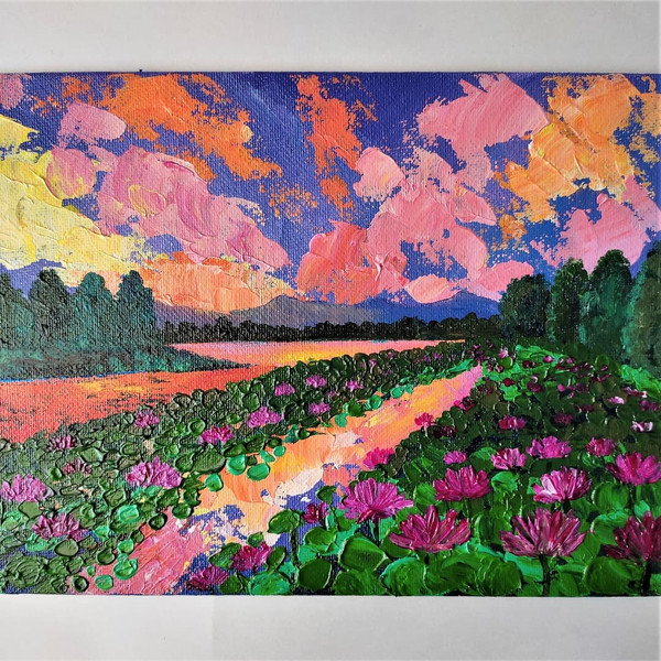 Acrylic-landscape-painting-lake-sunset-with-pink-water-lilies-wall-decor