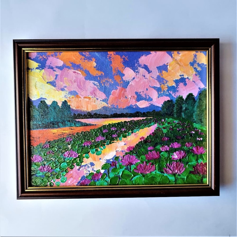 Sunset-canvas-painting-lake-with-lotuses-art-impasto