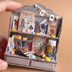 Miniature set in the style of Alice in Wonderland on the shelf for playing dolls, dollhouse, scale 1:12, miniature pastr