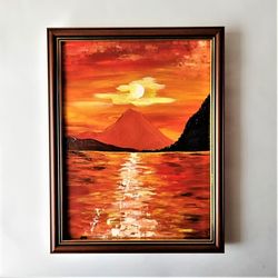 Sunset Landscape Acrylic Painting Impasto Art Framed