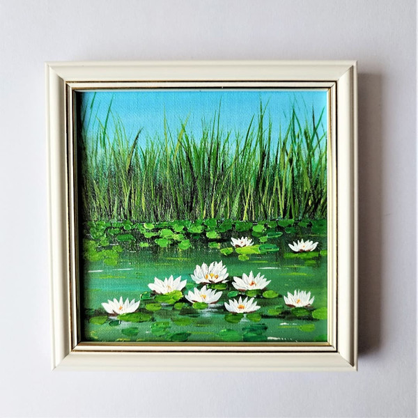 Acrylic-landscape-painting-white-lotuses-on-the-pond-wall-decor
