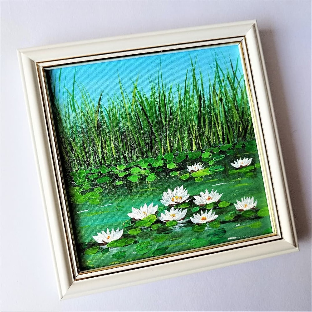 Landscape-acrylic-painting-in-style-impasto-white-water-lilies-framed-art