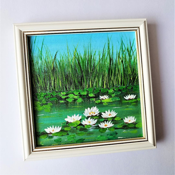 Landscape-painting-acrylic-white-water-lilies-impasto-art