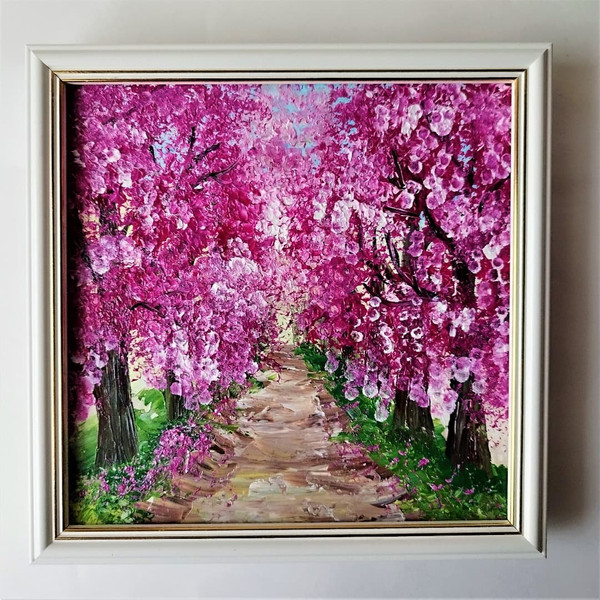 Japanese-landscape-painting-pink-acrylic-texture-framed-art
