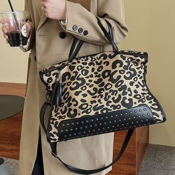 Womens Leopard Studded Decor Shoulder Tote Bag