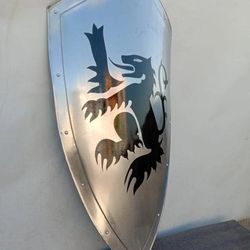 18G Dragon Medieval Crusader Shield with Engraved Design, Templar Knight Shield, Hand Made Silver Steel Shield