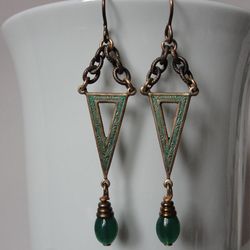 Vintaj solid natural brass Emerald drop with chain earrings Textured  green patinaed