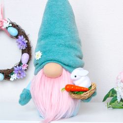 Mint Easter gnome  with Easter basket and a bunny
