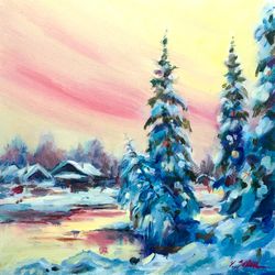 Winter Original Oil Painting Landscape Art Forest