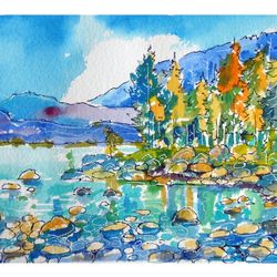 Original Art Lake Tahoe Painting California National Park Plein Air Landscape Watercolor Painting by  Evgenia Korneeva