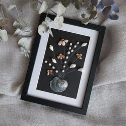 Flowers from Pebbles and Shells. Pebble Art. Stone Art Flower. Small picture Flowers in a Frame.