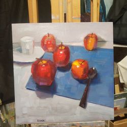 Original Oil Painting the great five  Still Life with Fruit APples Bright Oil Painting Wall Art
