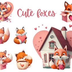 adorable valentine fox clipart set, foxes clipart png ,commercial use, digital download