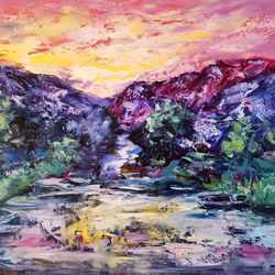Mountains Waterfall Sunset Boat Original Art Oil Painting Artist Svinar Oksana