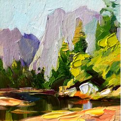 Yosemite Painting California Original Art National Park Artwork Landscape Wall Art Impasto Oil Painting 8 by 8 inches