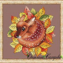 scheme for embroidery fawns in leaves