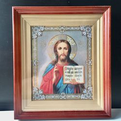 Jesus Christ Pantocrator The Savior of the world | Wooden box covered with glass | Gold and silver foiled, 11,2" x 9,6"
