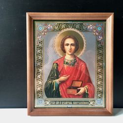 Saint Panteleimon | Lithography print in wooden frame covered with glass | Size: 24x20 cm/ 9.5"x7.8"