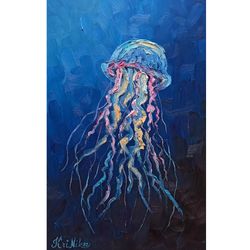 Jellyfish Painting Underwater Impasto Oil Painting 12 by 8 Original Art Deep Sea Artwork