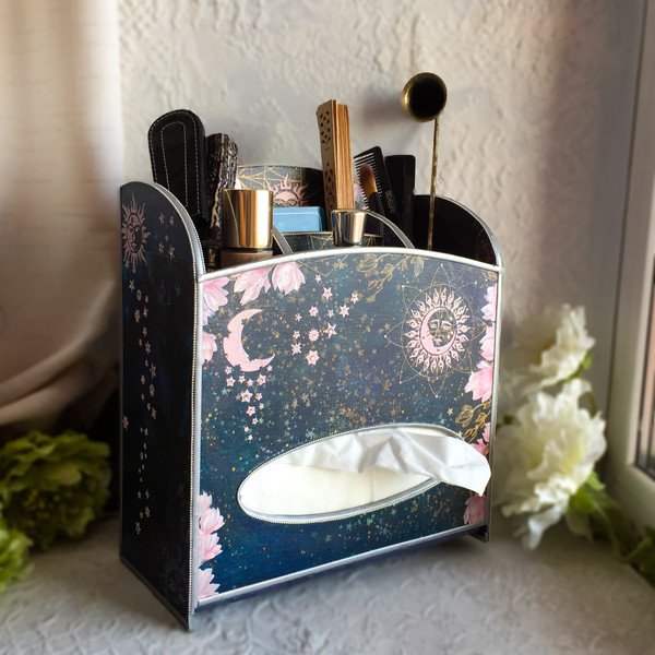Blue brush holder, cosmetics holder, box vintage, beauty box, Desk organizer, napkin holder, tissue box cover, starry sky, constellations, yule, winter solstice