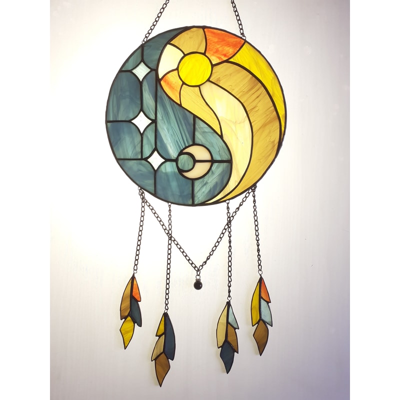 Yin Yang Dreamcatcher Stained Glass Suncatcher Hanging Glass Sun And Moon Yin Yang Symbol Unique Moon Dream Catcher 1