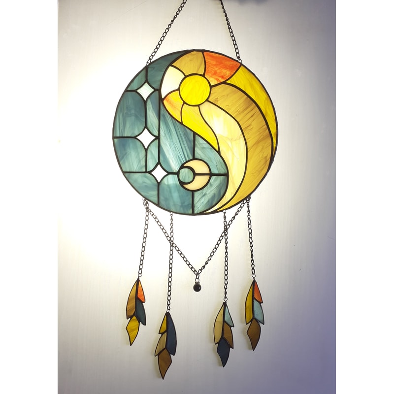 Yin Yang Dreamcatcher Stained Glass Suncatcher Hanging Glass Sun And Moon Yin Yang Symbol Unique Moon Dream Catcher 2