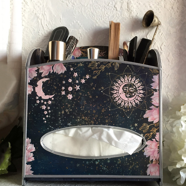 Blue brush holder, cosmetics holder, box vintage, beauty box, Desk organizer, napkin holder, tissue box cover, starry sky, constellations, yule, winter solstice