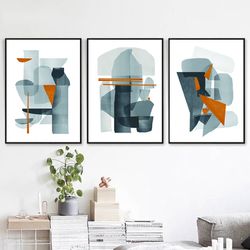Modern Abstract Geometric Art Three Posters Navy Wall Art Set Of 3 Prints Abstract Triptych Download Prints Office Art