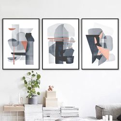 Modern Geometric Art Set Of 3 Prints Three Posters Gray Pink Wall Art Abstract Triptych Digital Download Office Art