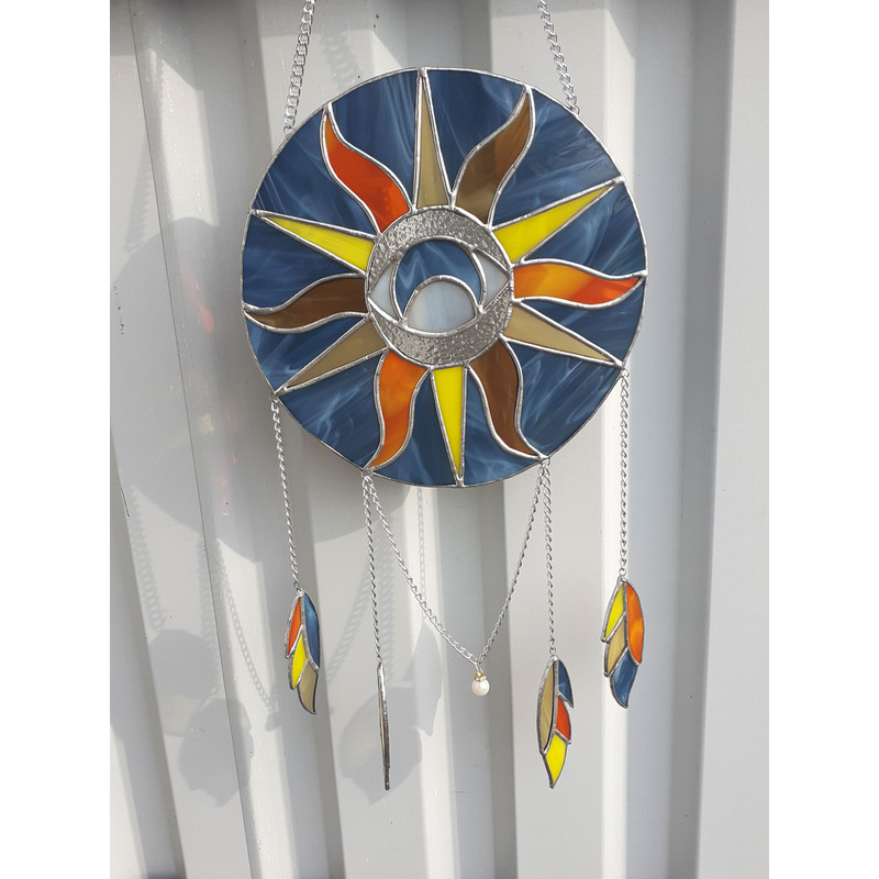 Sun And Moon Stained Glass Dreamcatcher Eye Suncatcher Hanging Glass Wind Rose Feather Ornament Unique Dream Catcher 3