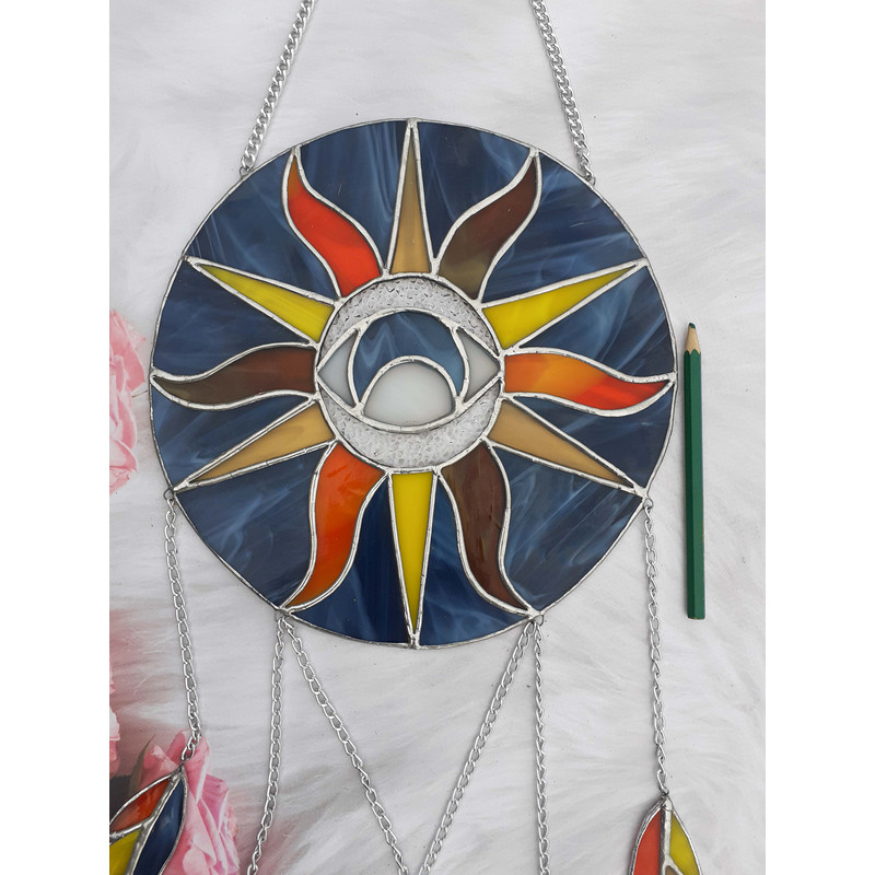 Sun And Moon Stained Glass Dreamcatcher Eye Suncatcher Hanging Glass Wind Rose Feather Ornament Unique Dream Catcher 4