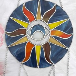 Sun and Moon Stained Glass Dreamcatcher, Eye Suncatcher Hanging Glass, Wind Rose Feather Ornament, Unique Dream Catcher