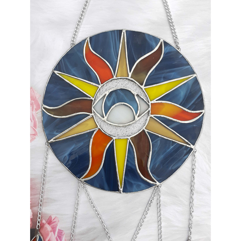 Sun And Moon Stained Glass Dreamcatcher Eye Suncatcher Hanging Glass Wind Rose Feather Ornament Unique Dream Catcher 0