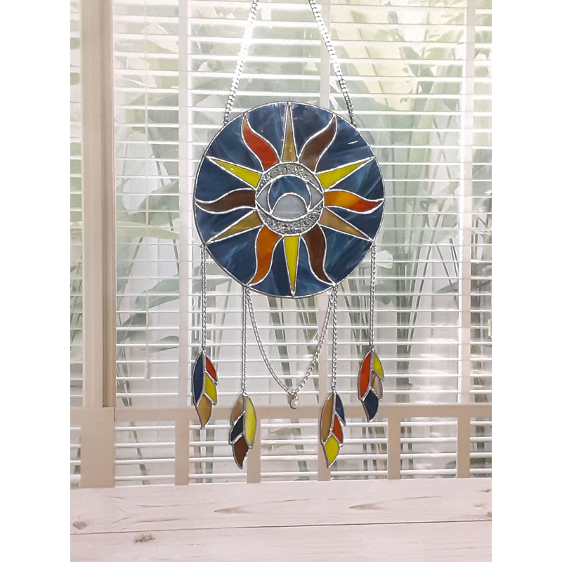 Sun And Moon Stained Glass Dreamcatcher Eye Suncatcher Hanging Glass Wind Rose Feather Ornament Unique Dream Catcher 7