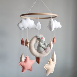 Baby girl mobile with bunnies moon stars clouds Nursery decor Pink hanging toy
