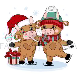 bulls 2021 ice skating merry christmas vector illustration set