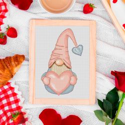 Gnome with a heart,  Cross stitch pattern, Valentine's day, Digital cross stitch pattern, Counted cross stitch