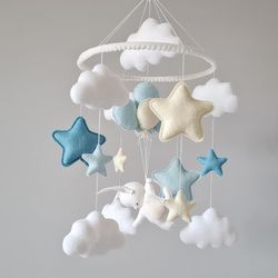 Felt nursery mobile with bunny ballons stars clouds Blue baby decor Crib baby mobile Baby shower gift