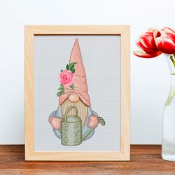 Spring gnome with watering can, Cross stitch pattern, Gnome cross stitch, Modern cross stitch