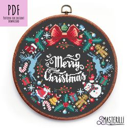 Christmas wreath cross stitch pattern PDF, Merry Christmas ornament. New year cross stitch pattern for black canvas