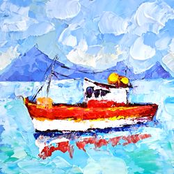 Greece Painting Sailboat Original Art Boat Impasto Oil Painting Seascape Artwork by Dmitry Vyazmin