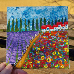 original oil painting tuscany. lavender and poppies. handmade wall art 6 x 6